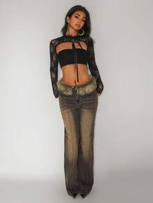 Jeanoix Jeans a vita bassa con gamba a zampa di Y2K Stile Streetwear Retrò