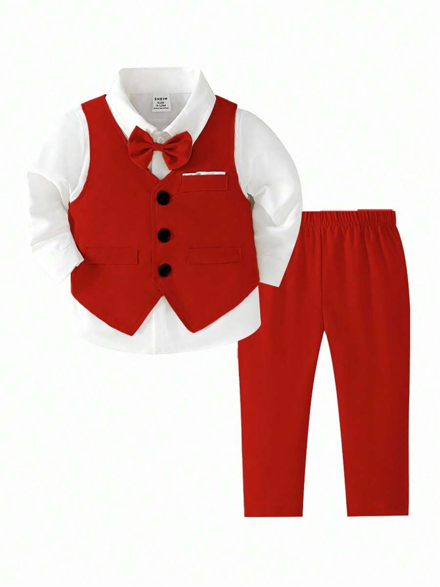 Baby Boy Solid Color Single-Breasted Vest And Pants Gentleman Suit Set - Red - View 1