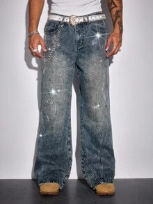 ROMWE MEN Street Life Men's Fashion Washed Distressed Rhinestone Embellished Jeans - Blue - View 8