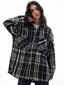 French/European Style Casual Loose Fit Colorblock Plaid Lapel Long Sleeve Woven Shacket - Multicolor - View 4
