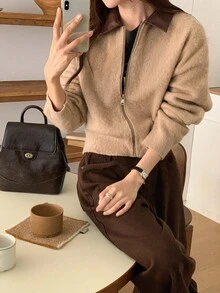 DAZY 女式 PU 拼色落肩休闲拉链针织开衫 秋冬款 - 卡其色 - 查看 5