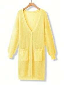 EMERY ROSE Plus Size Women Loose Casual Drop Shoulder Lantern Sleeve Knitted Cardigan, Black Jacquard Pattern, Mid-Length, Versatile For Daily Wear, Autumn/Winter - Light Yellow - View 1