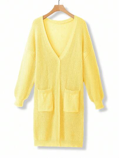 EMERY ROSE Plus Size Women Loose Casual Drop Shoulder Lantern Sleeve Knitted Cardigan, Black Jacquard Pattern, Mid-Length, Versatile For Daily Wear, Autumn/Winter