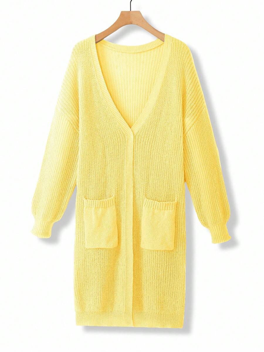EMERY ROSE Plus Size Women Loose Casual Drop Shoulder Lantern Sleeve Knitted Cardigan, Black Jacquard Pattern, Mid-Length, Versatile For Daily Wear, Autumn/Winter - Light Yellow - View 1