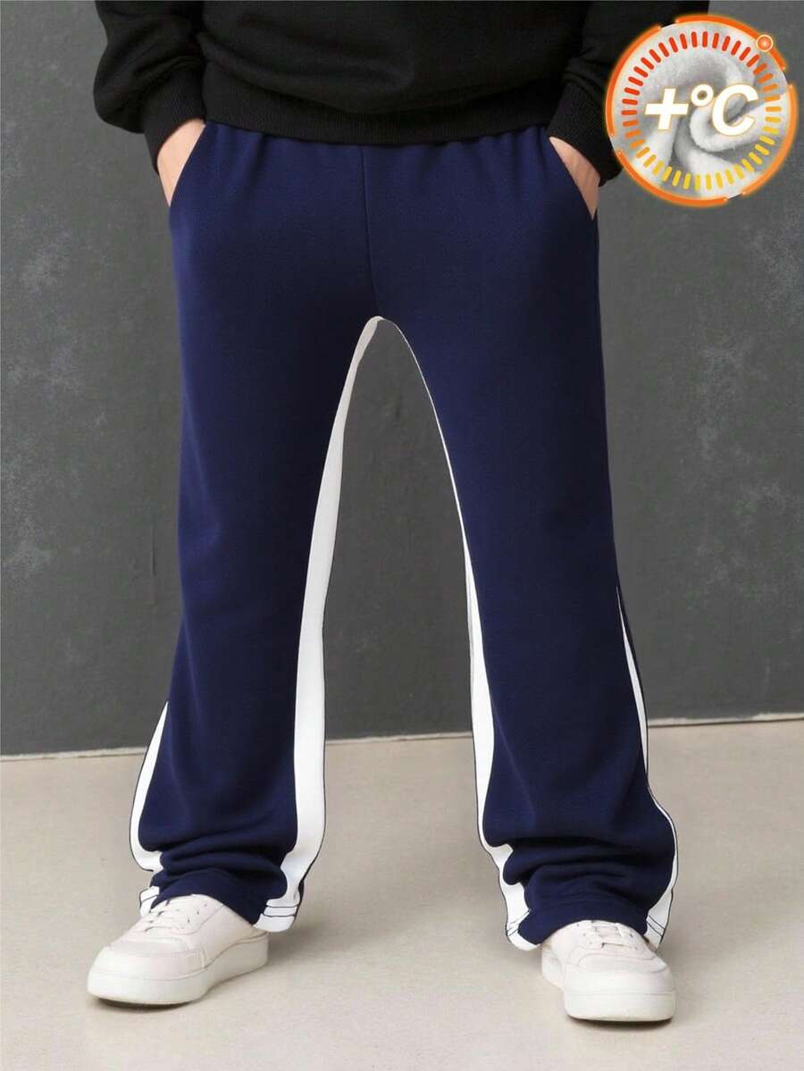 Young Boys' Casual Contrast Color Patchwork Thermal Lined Pants, Comfortable & Versatile For Back To School, Autumn/Winter