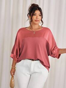 Cravure 大码圆领 3/4 袖金属面料拼色插肩袖休闲衬衫，适合外出、度假、通勤、派对 - 珊瑚橙 - 查看 1