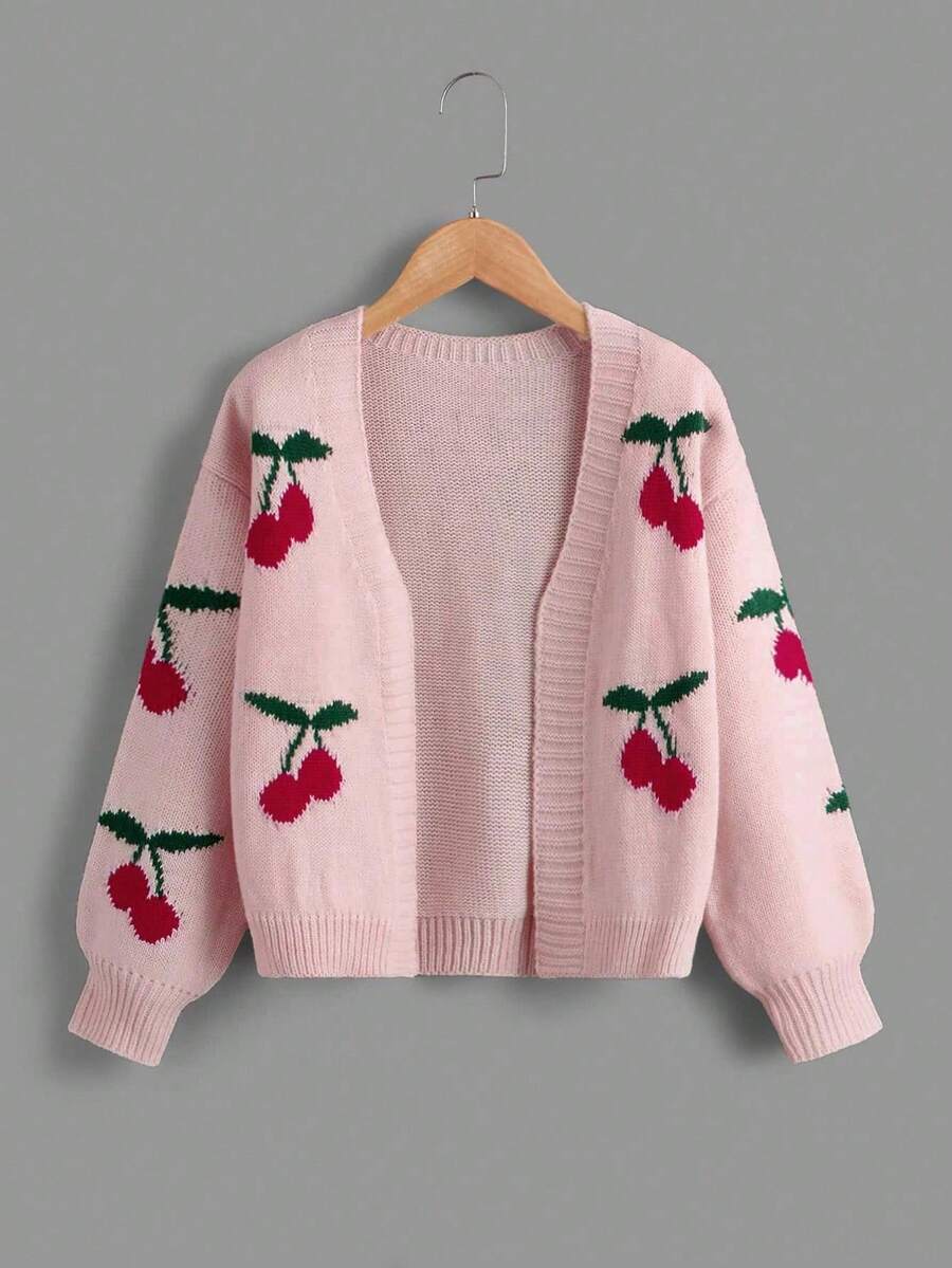 SHEIN Áo khoác cardigan họa tiết quả anh đào cho bé gái tuổi mới lớn, thường ngày cho mùa thu/đông - Hồng - Xem 1