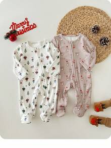 2pcs Newborn Baby Boy/Girl Cute Cartoon Print Knit Long Sleeve Romper Pajamas Set - Multicolor - View 1