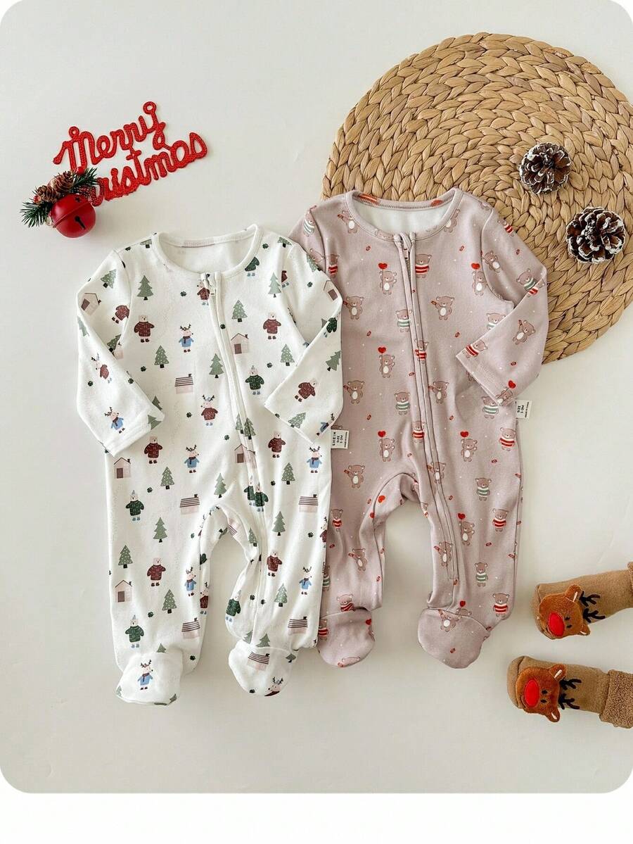 2pcs Newborn Baby Boy/Girl Cute Cartoon Print Knit Long Sleeve Romper Pajamas Set - Multicolor - View 1