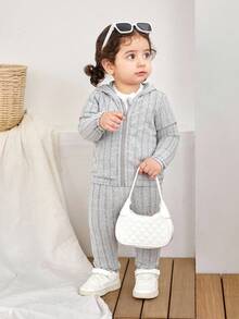 2pcs/Set Casual Outdoor Matching Mother And Baby Girl Hoodie Outfit - Grey - View 9