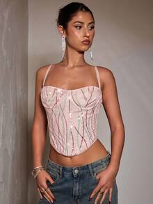 SHEIN BAE Camiseta de tirantes delicada y brillante para mujer, adecuada para fiestas, banquetes, eventos de cóctel y salidas nocturnas en otoño - Albaricoque - Ver 5