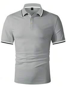 Calvornis 男士對比條紋扣子休閒短袖 Polo 衫，夏季短袖休閒通勤 Polo 衫，適用於高爾夫、正式場合、典禮 - 灰色 - 查看 4