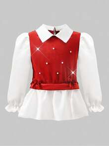 女童春秋休闲装，红色蝴蝶结装饰针织天鹅绒拼布衬衫，荷叶边下摆，搭配仿珍珠喇叭裤，2 件套，适合返校、休闲、时尚、甜美、舒适的户外/旅行穿着