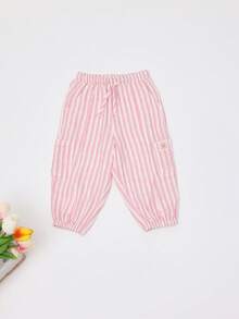 SUMWON 女婴夏季两件套套装圆领短袖T恤配条纹松紧腰裤休闲日常服装 9-12个月 - 粉色 - 查看 4