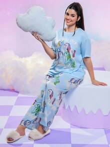 My Little Pony X SHEIN Plus Size Summer Cute Horse Print Round Neck Short Sleeve T-Shirt And Pants Pajama Set