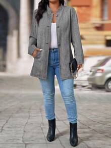 EMERY ROSE Women's Plus Size Casual Stand Collar Mid-Length Herringbone Jacket Winter Fall Autumn - Multicolor - View 4