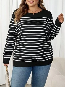 SHEIN CURVE+ 大码女式条纹圆领长袖休闲毛衣，秋冬针织上衣 - 黑與白 - 查看 2