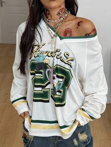 Coolane Women's Fall/Winter Streetwear Going Out Y2K Music Festival Sport Number Printed V-Neck Long Sleeve Jersey T-Shirt - Multicolor - View 1