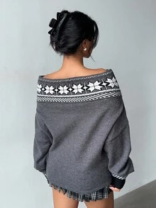 Aloruh Women's Elegant Grey Autumn Sweater,Fair Isle Pattern Christmas Off-Shoulder Puff Sleeve Pullover,Cozy Fall Winter Top Jumper For Brunch Apparel - Dark Grey - View 2