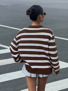 Muchica Women's Casual Loose Striped Polo Collar Drop Shoulder Long Sleeve Sweater, Autumn/Winter Chocolate Brown Top Striped Long Sleeve Brown Sweater Stripe Top Coffee Brown Top - Brown - View 2