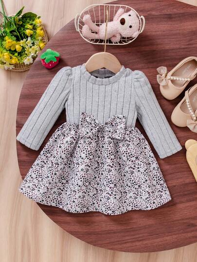 SHEIN 女婴休闲碎花长袖罗纹针织连衣裙，秋季