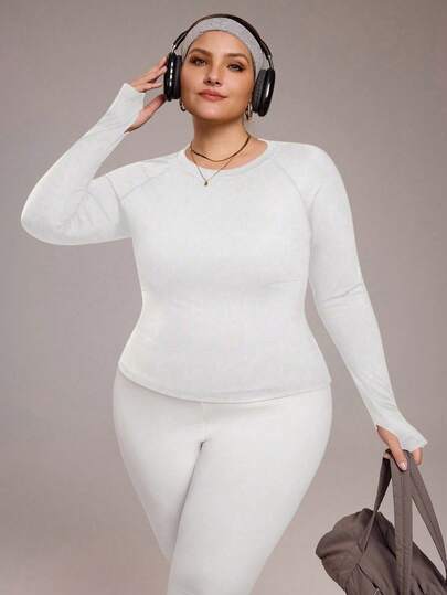 Rhythm Era Women's Plus Size Thumb Hole Round Neck Long Sleeve Casual Sports T-Shirt For Daily Wear And Running Curve Athleisure Plus Size Long Sleeve Top Plus Size Active Wear Sets Curve Two Piece Set Curve Activewear Set Plus Size Yoga Sets