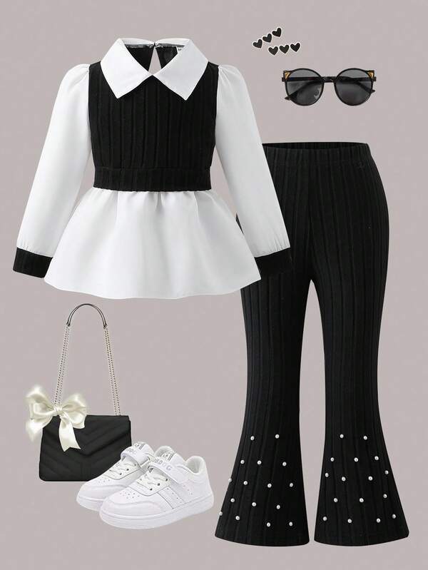 2pcs/Set Young Girls Fitted Long Sleeve Shirt And Slim Flare Pearl Decor Pants, Autumn Fall Winter