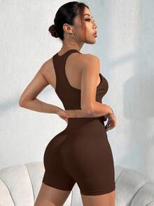 Gameset SHEIN Sport Women Solid Color Sleeveless Simple Top And Shorts Casual Set Gym Set Workout Women Set - Coffee Brown - View 2