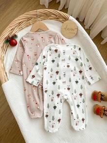 2pcs Newborn Baby Boy/Girl Cute Cartoon Print Knit Long Sleeve Romper Pajamas Set - Multicolor - View 2