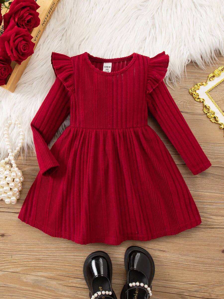 SHEIN Babygirl Cute & Elegant Christmas Valentine's Day Knit Casual Red Long Sleeve Dress Fall Winter,Suitable For Gatherings, Parties, Birthdays, Daily - Red - View 1