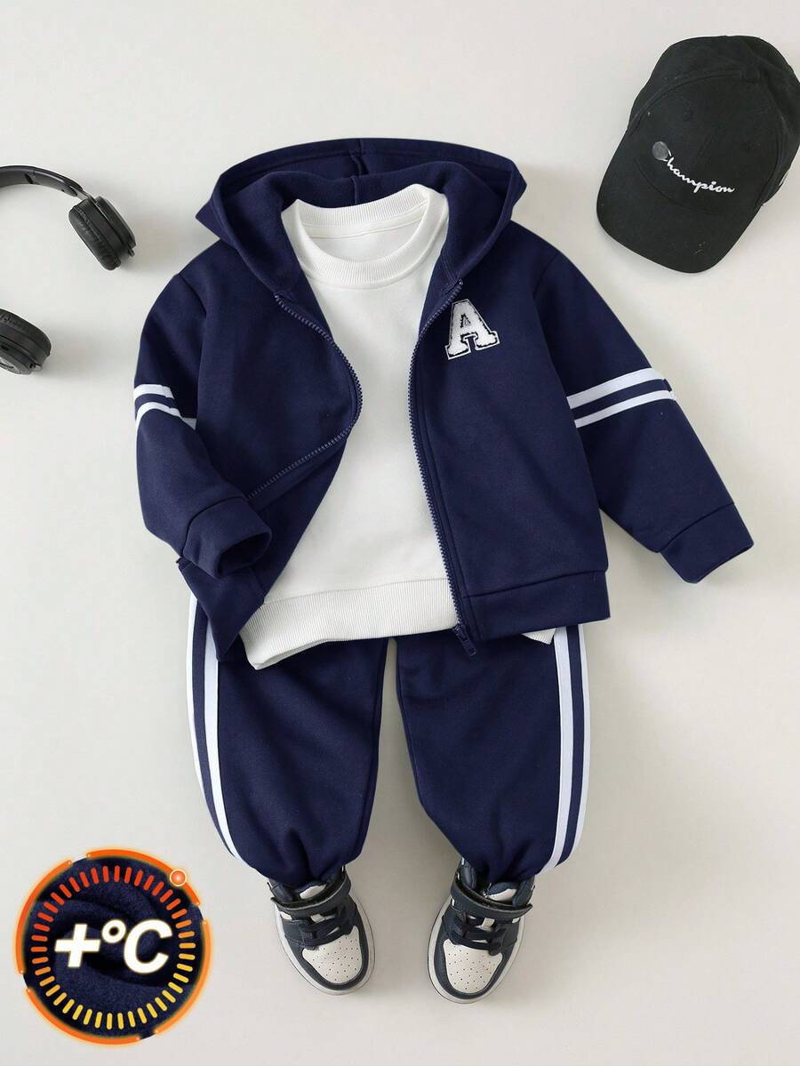 SHEIN 2 件套年轻男童运动休闲舒适白色字母装饰和白色条纹绿色宽松连帽衫和裤子套装,适合旅行、上学、日常活动、秋冬返校服装必备 - 藏蓝色 - 查看 1
