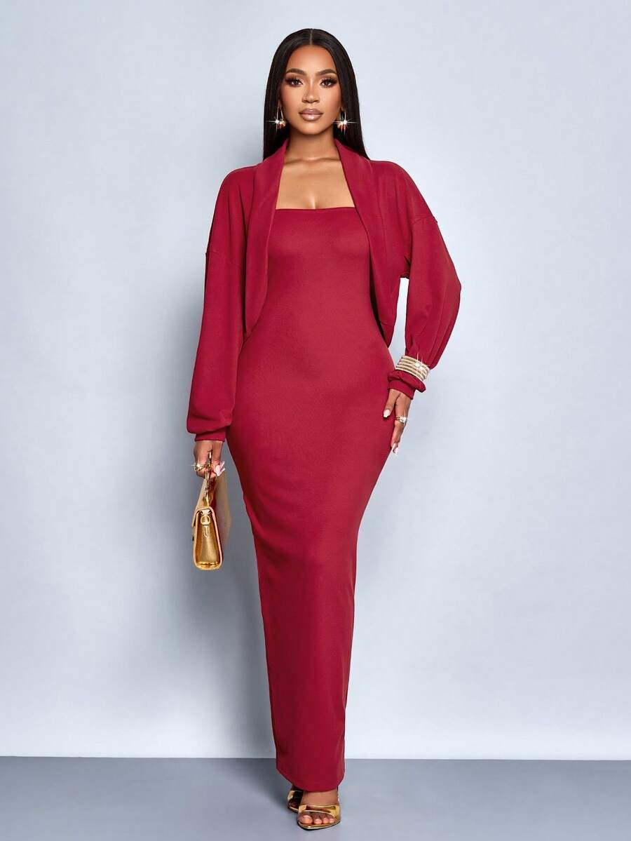 SOLERSUN 女装秋季纯色优雅吊带连衣裙和斗篷外套红色两件套老款两件套日常休闲 - 紅色 - 查看 1