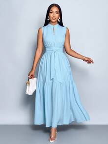 SOLERSUN Đầm nữ thời trang giản dị thanh lịch, cổ đứng phía trước cắt xẻ không tay, eo thắt nơ màu xanh - Màu xanh lam - Xem 8