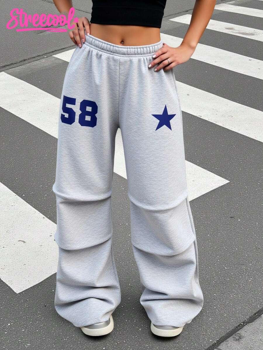 SHEIN Explorewe 少女星星数字印花休闲宽松褶皱羊毛运动裤 - 灰色 - 查看 1