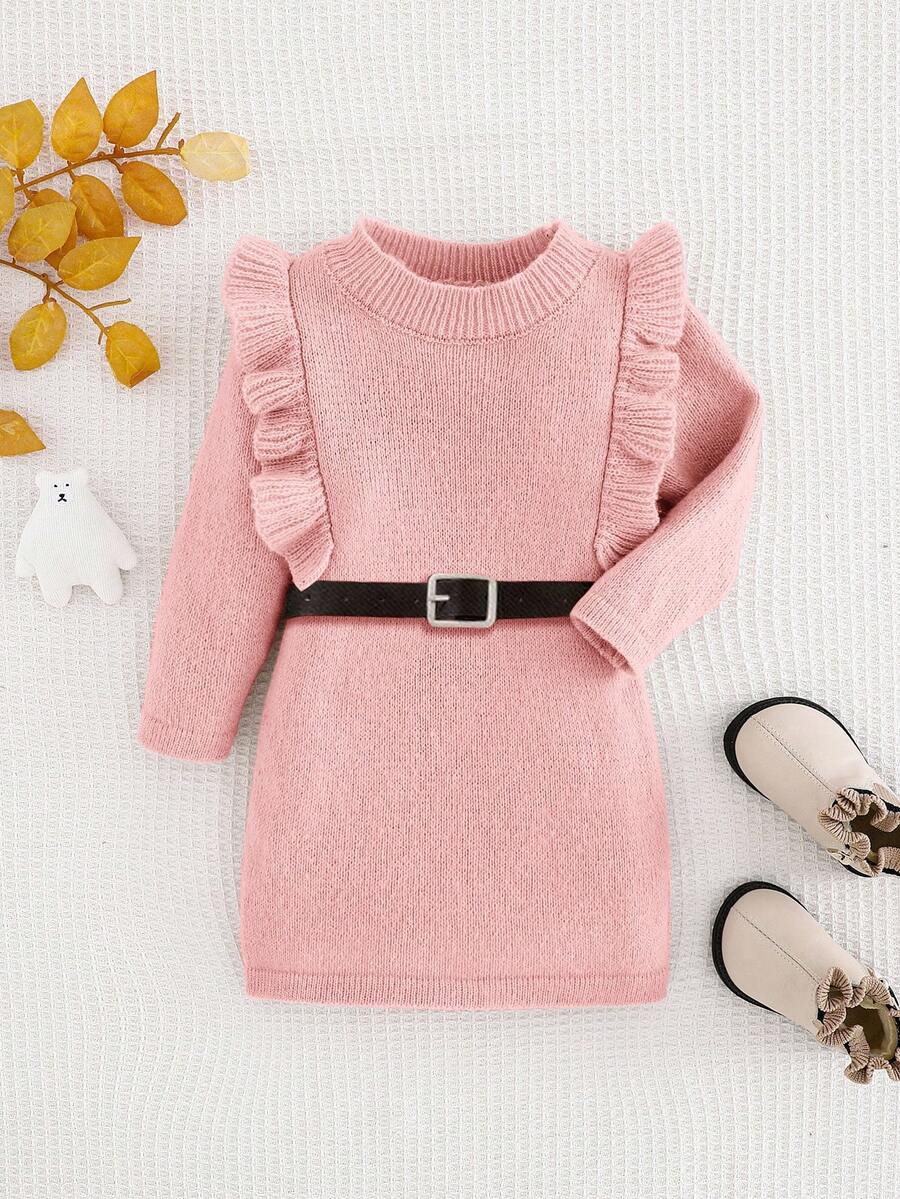 SHEIN Babygirl Khaki Ruffled Hem Long Sleeve Sweater Dress, Casual & Cute, Autumn/Winter - Pink - View 1