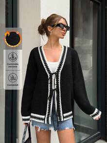 EURMUSE Plus Women Contrast Hem Detailed Front Tie Chunky Cardigan - Black - View 1