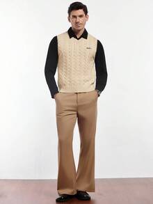 Calvornis Letter Embroidered V-Neck Sweater Vest - Beige - View 4