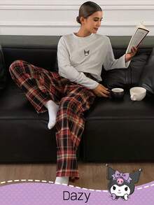 HELLO KITTY AND FRIENDS | SHEIN DAZY Damen süßer Cartoon-Grafik Langarm-Top und karierte weite Hose Loungewear-Set, bequeme Freizeitkleidung, Frühling/Herbst, gemütliche Outfits, Herbst-Winter-Kleidung