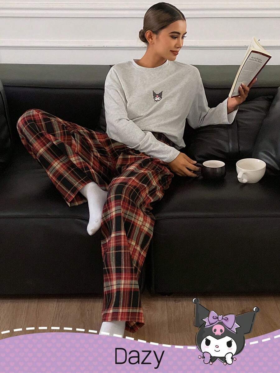 HELLO KITTY AND FRIENDS | SHEIN DAZY Damen süßer Cartoon-Grafik Langarm-Top und karierte weite Hose Loungewear-Set, bequeme Freizeitkleidung, Frühling/Herbst, gemütliche Outfits, Herbst-Winter-Kleidung
