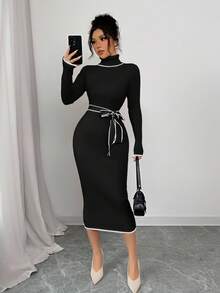 Selianne Women's Elegant Turtleneck Fitted Ribbed Texture Bowknot Sweater Dress - Black - View 6