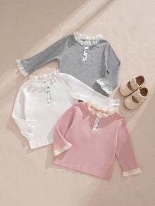 SHEIN 3pcs Baby Girls Solid Color Long Sleeve Lace Trim Turtleneck Knit Tops - Multicolor - View 7