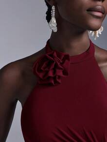 Elitara Elegant Halter Neck 3D Floral Bust Ruched Mesh Sheer Fishtail Bridesmaid Dress