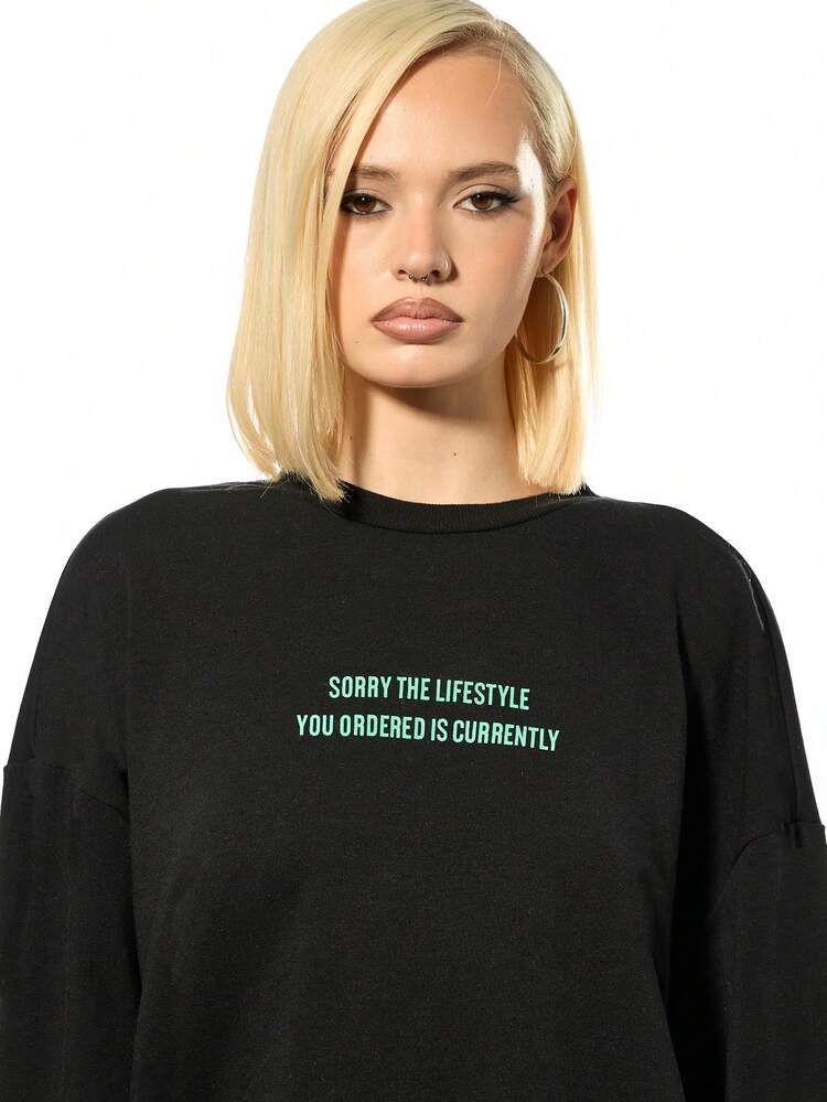 SUMWON Moletom Oversized de Algodão com Texto na Frente e Estampa nas Costas, Roupa de Descanso Casual de Manga Longa, Modelo Boyfriend, Streetwear de Inverno e Outono, Moletom com Mensagem Gráfica