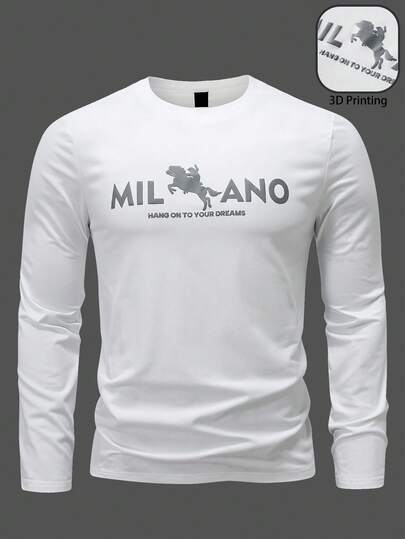 Manfinity Homme Men's Casual Everyday Commute Horse & Slogan Graphic Print Round Neck Long Sleeve White T-Shirt, Spring/Autumn Mens Graphic Tshirt Milano Men Shirts White Graphic Tee Mens Long Sleeve T-Shirt Mens Tshirt Print Daily Leisure, Weekend Trips, Outdoor Activities, Travel Expeditions, Relaxed Work Environments Or Semi-Formal Occasions
