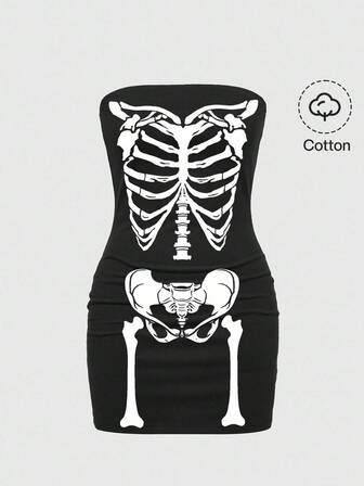 Goth Vestido de mujer gótico, oscuro, de Halloween, de San Valentín, con esqueleto blanco y negro, transparente, tipo bustier, sin mangas, punk, de calle, sexy, sin espalda, sin mangas