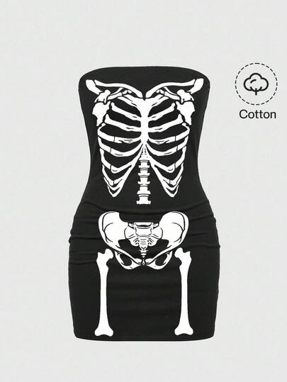 Goth Vestido de mujer gótico, oscuro, de Halloween, de San Valentín, con esqueleto blanco y negro, transparente, tipo bustier, sin mangas, punk, de calle, sexy, sin espalda, sin mangas