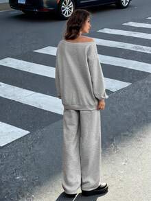 SHEIN Tall 2pcs Women NYC Off-Shoulder Loose Sweatshirt And Flared Long Sweatpants Set, Thick Thermal Lined, Suitable For Autumn/Winter Back To School Teacher - Grey - View 2