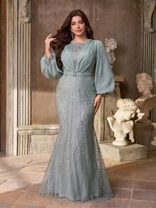 Aureia فستان أنيق وفاخر بأكمام فانوس مطرز بترتر رمادي أخضر، بخصر مزين بحزام ترتر وذيل مرمر مناسب لحفلات المساء، حفلات العزاب، المواعدة، الحفلات الرسمية، حفلات التخرج، الزفاف (ثقيل الوزن)