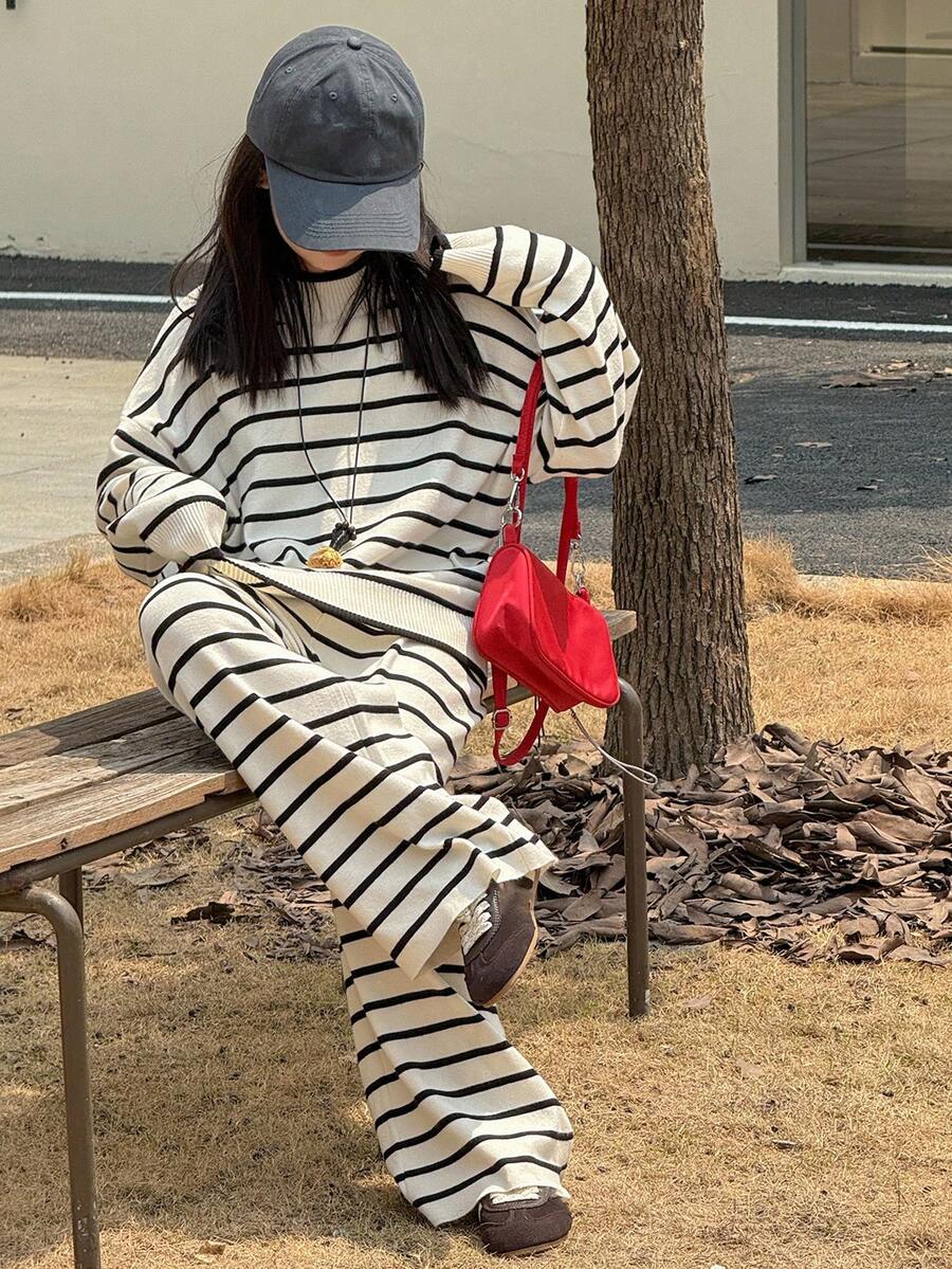 2件套女童高领条纹毛衣和裤子套装，秋季 - 彩色 - 查看 1