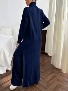 EURMUSE Women Solid Color Rib Knit Turtleneck Slit Detailed Long Sweater Dress & Sweater Pants Set - Navy Blue - View 3